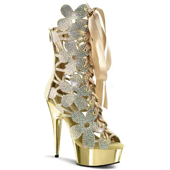 Pleaser Gold Flower Cutout Lace Up Stiletto Boots - Picture 11 of 11